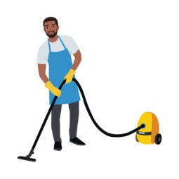 Young cleaning service man with vacuum cleaner. Male janitor. Flat vector illustration isolated on white background